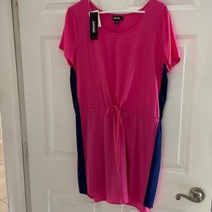 DKNY silk dress in bright pink with navy stripe on each side